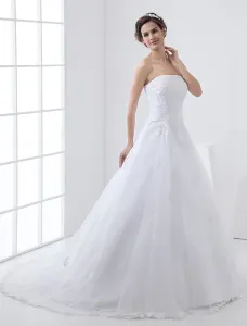 Vestidos de novia princesa 2023 blancos Vestido de novia sin tirantes de encaje rebordear Vestido de novia lado cubierto con el tren