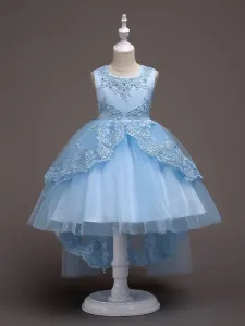 Faldas de Chica de Flor 2023 Bebe Azul con Encaje Tul Princesa Falda Tutu Brodado Vestido de Fiesta de Niños Vestidos del Desfile #247493
