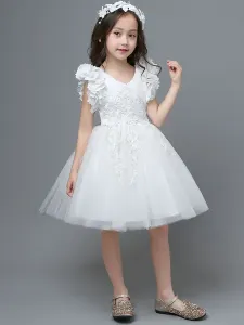 Vestidos de niña de flores blancos A-Line Cremallera Escote en V Sin mangas Tul Flores Vestidos de fiesta para niños #428369