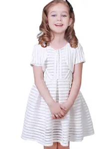 Vestidos de niña de flores blancos Cuello joya Mezcla de algodón Mangas cortas Hasta el té Una línea Vestidos de fiesta social plisados para niños #395363