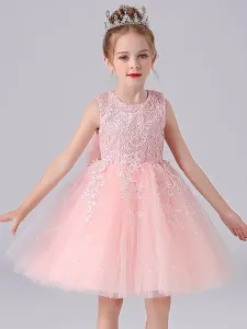 Vestidos de niña de flores rosadas Cuello joya Encaje Sin mangas Vestido corto de princesa Arcos Vestidos formales para niños #430060