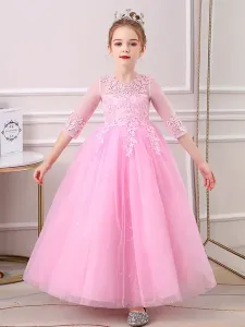 Vestidos de niña de flores rosadas Cuello joya Medias mangas Hasta el tobillo Encaje Princesa Silueta Arcos Vestidos formales de desfile para niños #430011