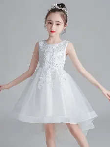 Vestidos de niña de las flores blancas Cuello joya Lazos sin mangas Vestidos de fiesta para niños Vestido corto de princesa #430335