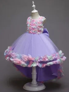 Vestidos de niña de las flores Cuello joya rosa Sin mangas Lazos Flores Tul Poliéster Algodón Vestidos formales para niños #446842