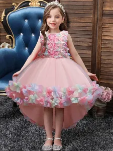 Vestidos de niña de las flores Cuello joya rosa Sin mangas Lazos Flores Tul Poliéster Algodón Vestidos formales para niños #446847
