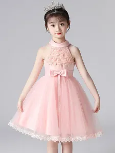 Vestidos de niña de las flores rosadas Cuello halter Encaje Sin mangas Vestido corto de princesa Arcos Vestidos formales para niños #430042