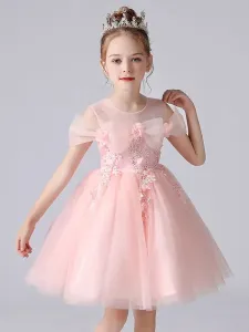 Vestidos de niña de las flores rosadas Cuello joya Sin mangas Princesa Corta Flores de encaje Vestidos formales de desfile para niños #430551
