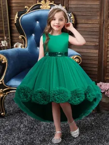 Vestidos de niña de las flores verdes Cuello joya Sin mangas Lazos Tul Poliéster Algodón Lentejuelas Vestidos de fiesta para niños #435377