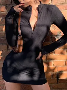 Vestido de fiesta de cumpleaños para mujer Vestido negro de manga larga con cuello en V Vestido ajustado semiformal corto #492939