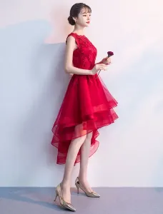 Vestidos de fiesta cortos Vestidos de cóctel rojo Vestido de fiesta de baile alto bajo Vestido de fiesta de encaje asimétrico