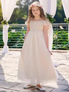 Champagne Vestidos de niña de las flores Cuello joya Mangas cortas Encaje Vestidos formales de desfile para niños #439426