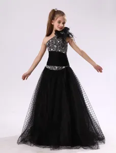 Faldas de Chica de Flor 2023 Negro Un hombro Dama de Honor Junior Diamantes de Imitación con Cuentas Falda de Fiesta de Niñas #190654