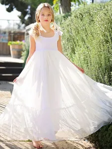 Vestidos de niña de flores blancos Cuello joya Encaje Sin mangas Hasta el tobillo Una línea Lazos Vestidos de fiesta para niños #439370