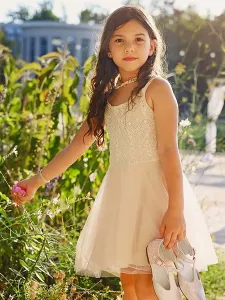 Vestidos de niña de flores blancos Cuello joya Tul Sin mangas Corto Una línea Arcos Vestidos de fiesta para niños #439510