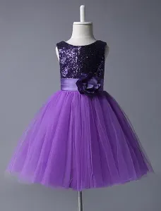 Vestidos de niña de flores púrpura con lentejuelas Vestido de tul Tutu sin mangas Vestido de fiesta de niñas con falda de flores sin mangas #236484