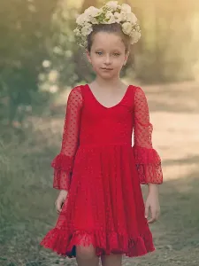 Vestidos de niña de flores rojos Cuello en V Mangas largas Encaje Poliéster Vestidos formales para niños #439433
