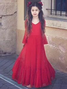 Vestidos de niña de flores rojos Escote en V Poliéster Mangas largas Hasta el tobillo Una línea de encaje Vestidos formales de desfile para niños #439440