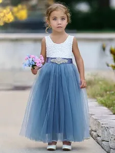 Vestidos de niña de las flores azules Vestidos de fiesta para niños con faja sin mangas con cuello joya #439349