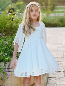 Vestidos de niña de las flores blancas Cuello cuadrado Poliéster Mangas cortas Una línea corta Vestidos de fiesta social para niños #439447
