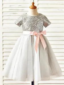 Vestidos de niña de las flores Cuello de joya Mangas cortas Faja Vestidos de fiesta para niños #328549