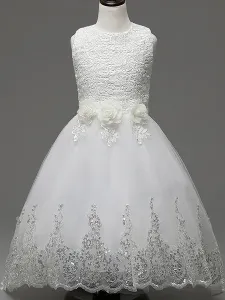 Vestidos de niña flor blanca 2023 Princesa Lentejuelas de encaje Arco de tul Apliques Vestidos para niños Vestidos #237850