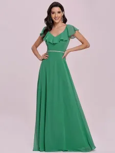 Vestido de fiesta verde Escote en V Una línea Sin mangas Volantes Gasa Hasta el suelo Vestidos de noche #435290