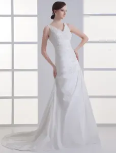 Vestido de boda de color marfil de tafetán de línea A con escote en V
