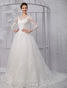 Vestido de novia de encaje de marfil Escote transparente con cola Milanoo