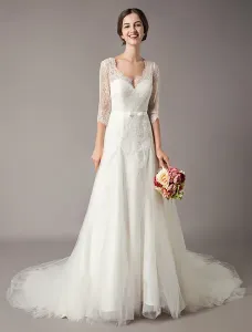 Vestidos de novia 2023 A Line Ivory Cuello en V Encaje Tulle Half Sleeve Bridal Dress With Train #267438