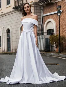 Personalizar vestido de novia simple con tren Tela de satén Cuello barco Mangas cortas Lazos Una línea de vestidos de novia #398888
