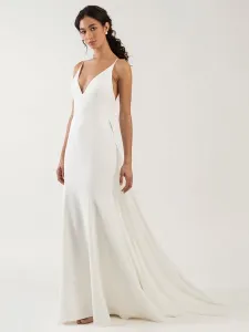 Vestido de novia blanco sencillo y causal, tirantes finos, tela satinada, cuello en V, sin mangas, volantes, sirena, vestidos de novia #429306
