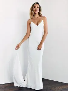 Vestido de novia causal simple blanco con vaina de tren con cuello en V correas de espagueti sin mangas vestidos de novia sin espalda #429608