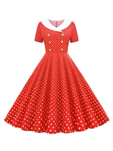 Longitud de la rodilla vestido de la vendimia de 1950 V-cuello plisado corto acodado Mujer de las mangas del lunar de oscilación del vestido #341503