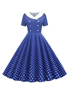 Longitud de la rodilla vestido de la vendimia de 1950 V-cuello plisado corto acodado Mujer de las mangas del lunar de oscilación del vestido #341508