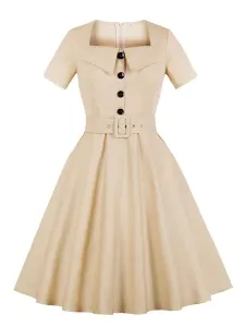 Mujer Vintage Vestido 2023 con Mangas Cortas de Algodón Cuello Cuadrado con Botón Cinturón Color Albaricoque Vestido de Verano
