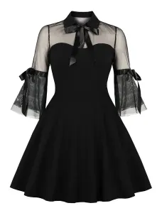 Pequeño vestido negro Vestido vintage Vestido de fiesta plisado con cuello redondo de media manga Encaje #282414