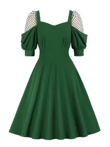 Vestido retro de los años 50 con cuello en forma de corazón, plisado y elástico, medias mangas, medio, lunares, vestido verde con columpio #493482