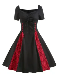 Vestido retro negro de la década de 1950 de manga corta con cordones en dos tonos vestido retro #273157