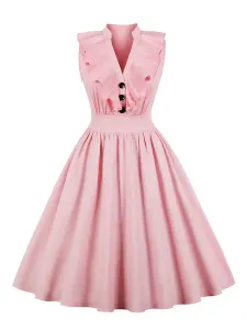 Vestido rosa vintage Cuello en V Volantes Botones Vestido de verano con columpio de algodón