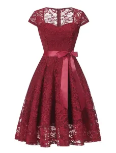 Vestido vintage de encaje 1950 Faja con lazo Novio Mangas cortas Plisado Swing Vestido de verano retro #285374