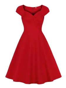 Vestido vintage de los años 50 Vestido rojo con volantes rojo plisado sin mangas con cuello en forma de corazón #493487