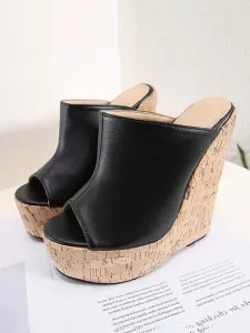 Sandalia de la cuña zapatillas Negro punta abierta para mujer de la sandalia de diapositivas Mulas #344371