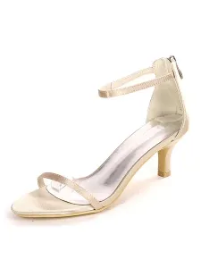 Zapatos de dama de honor nupciales de tacón de gatito con hebilla de punta abierta de champán de satén para boda #357348
