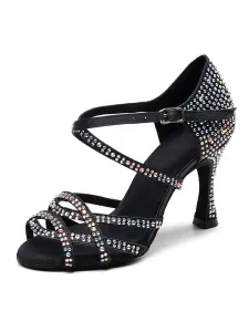 Zapatos de baile latino personalizados para mujer Zapatos de baile de salón con pedrería de punta abierta negros #306625