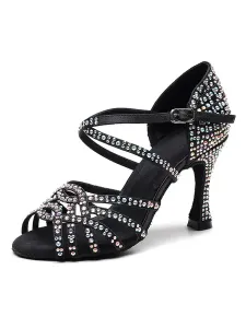 Zapatos de baile latino personalizados para mujer Zapatos de baile de salón de lujo con pedrería negro satinado #306595