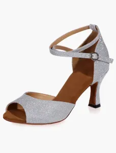 Zapatos de salón Glitter Zapatos de baile latino Peep Toe de plata Criss Cross #202952