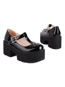 Lolita Pumps Zapatos de Lolita con punta redonda y correa en T de cuero PU negro #491252
