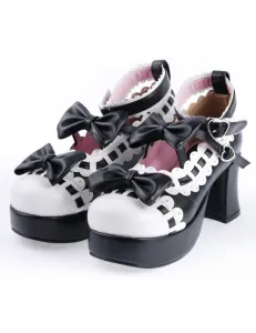 Negro Blanco Lolita Tacones Gruesos Zapatos Plataforma Trim Lazos Tobillo Tirantes #204634