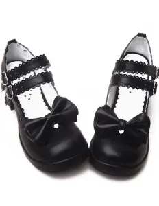 Negro Tacones Gruesos Zapatos Tirantes Lazo Hebillas #218153