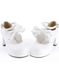 Zapatos Lolita Dulce Blancos Tacones Gruesos Pony Lazo #204683